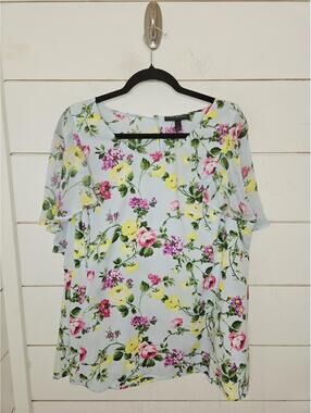 Lane Bryant Size 20 Blue floral blouse with sheer flutter sleeves